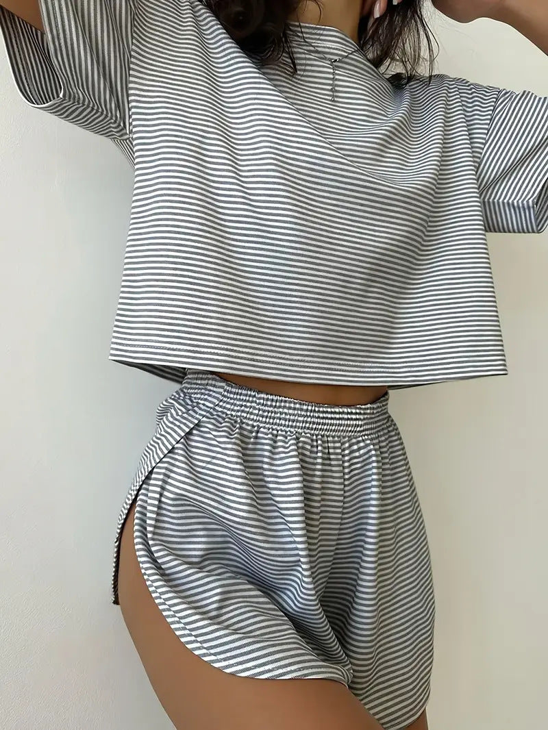 Womens Knitted Short Sleeve Shorts Set