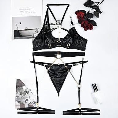Noir Leather & Mesh Chain Lingerie Set