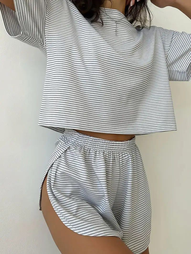 Womens Knitted Short Sleeve Shorts Set