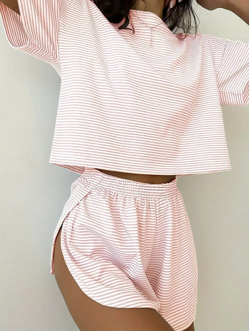 Womens Knitted Short Sleeve Shorts Set